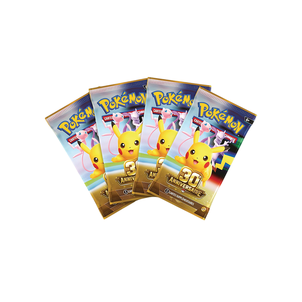 Quatre boosters Pokémon édition 30e Anniversaire avec Pikachu et Mew, vendus par We Have It