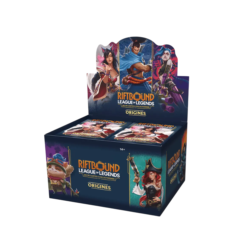 Display de 24 boosters Riftbound Origins en français avec illustrations des champions League of Legends We Have It