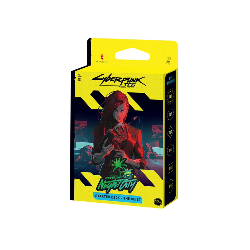 Boîte de deck de démarrage We Have It Cyberpunk TCG The Heist avec illustration de personnage sur fond jaune