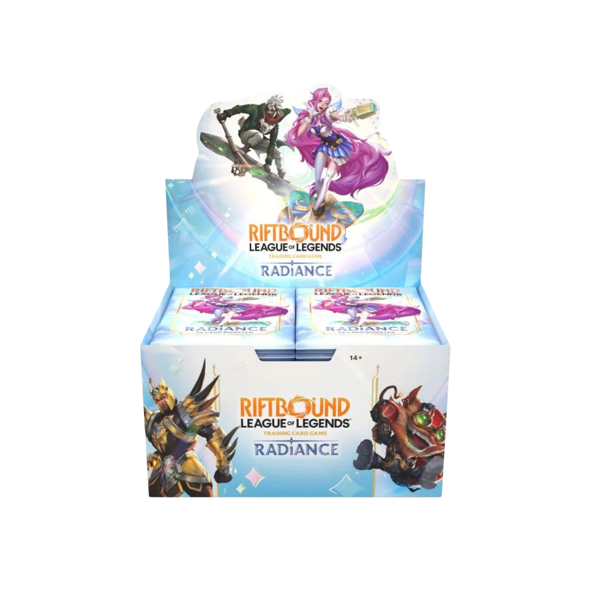 Display de 24 boosters Riftbound Radiance League of Legends en français avec Seraphine et Jarvan IV