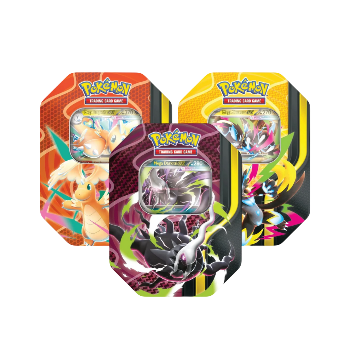 Boîtes en métal We Have It Pokémon JCC Méga-Évolution avec illustrations de Méga-Darkrai, Méga-Dracolosse et Méga-Zeraora
