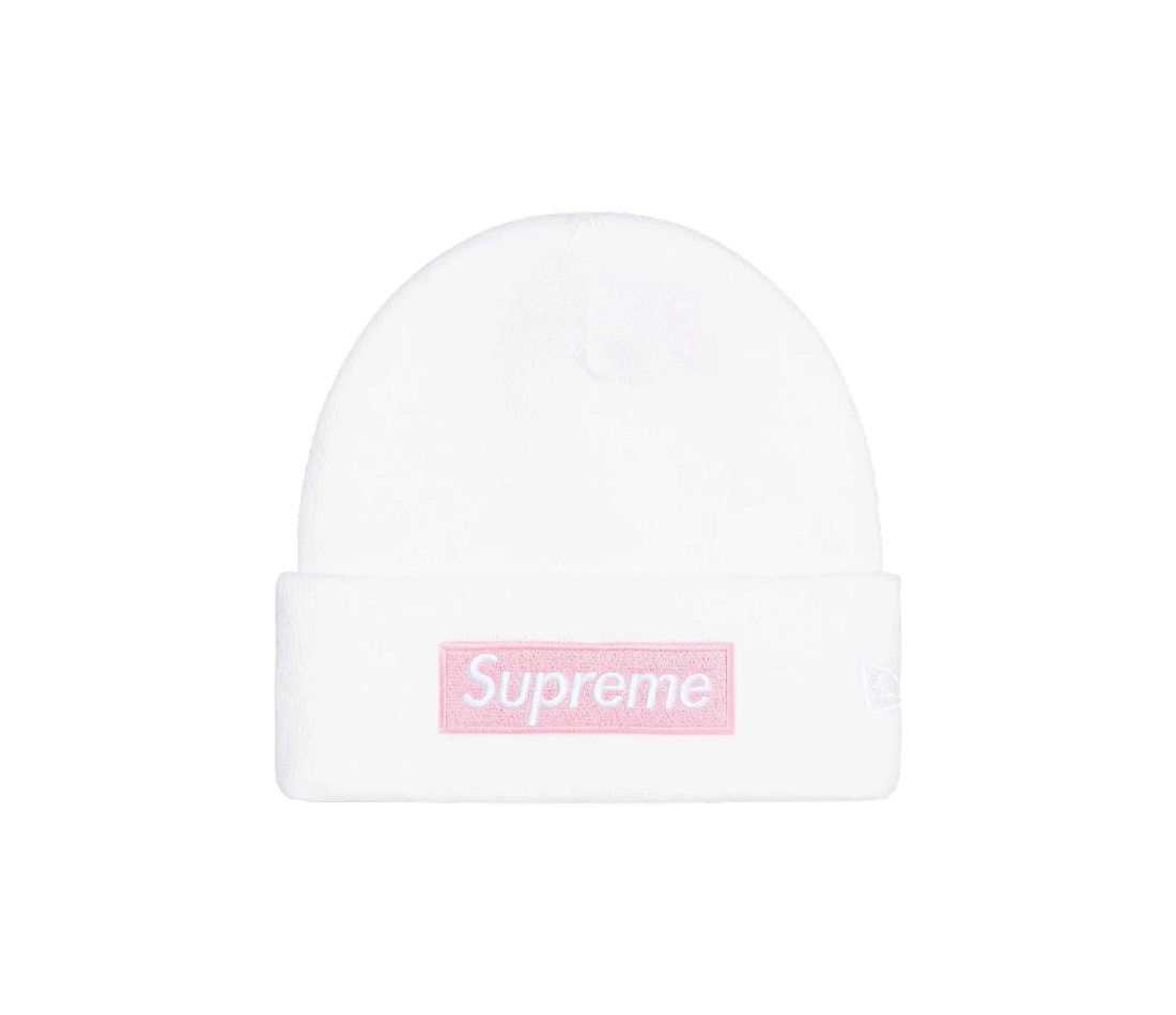 Bonnet We Have It Supreme New Era Box Logo blanc avec logo brodé rose sur le revers