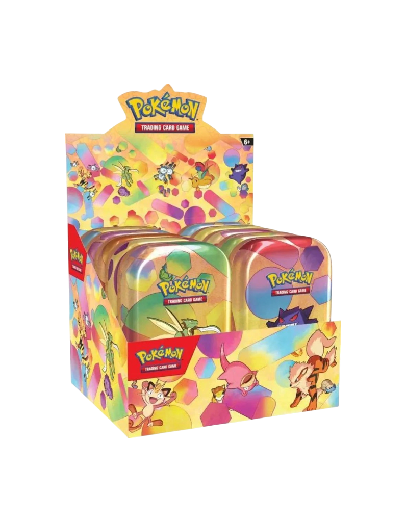 Display de Mini-Tins Pokémon 151 EV3.5 en français, présenté par We Have It avec des boîtes métalliques colorées.