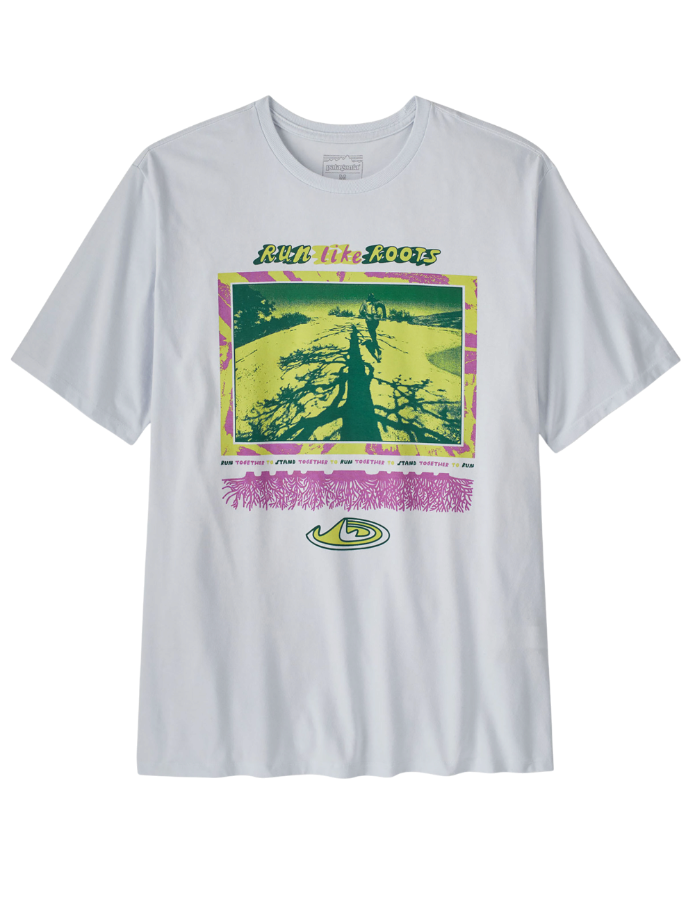 T-shirt Patagonia Men's Run Like Roots Responsibili-Tee Blanc en coton recyclé pour homme