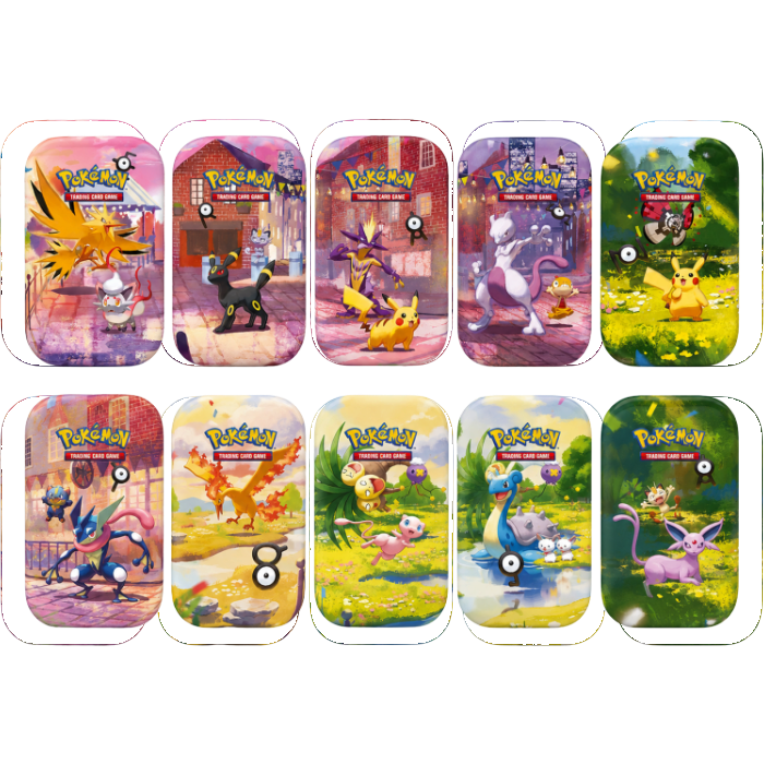 Collection de 10 Mini-Tins Pokémon 30 ans We Have It avec illustrations colorées de Pokémon emblématiques