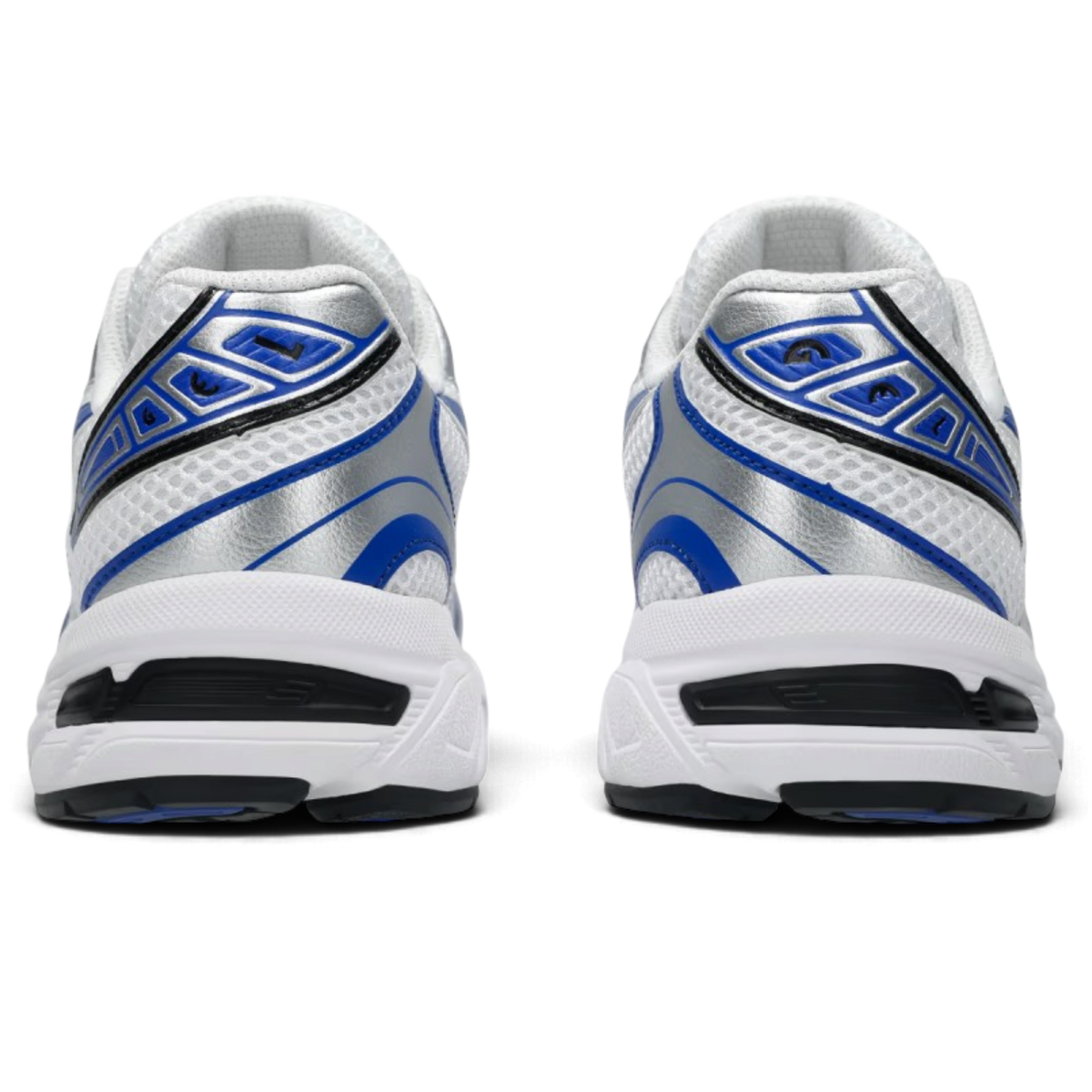 Vue arrière des baskets We Have It ASICS Gel-1130 blanches, bleues et argentées avec technologie d'amorti Gel