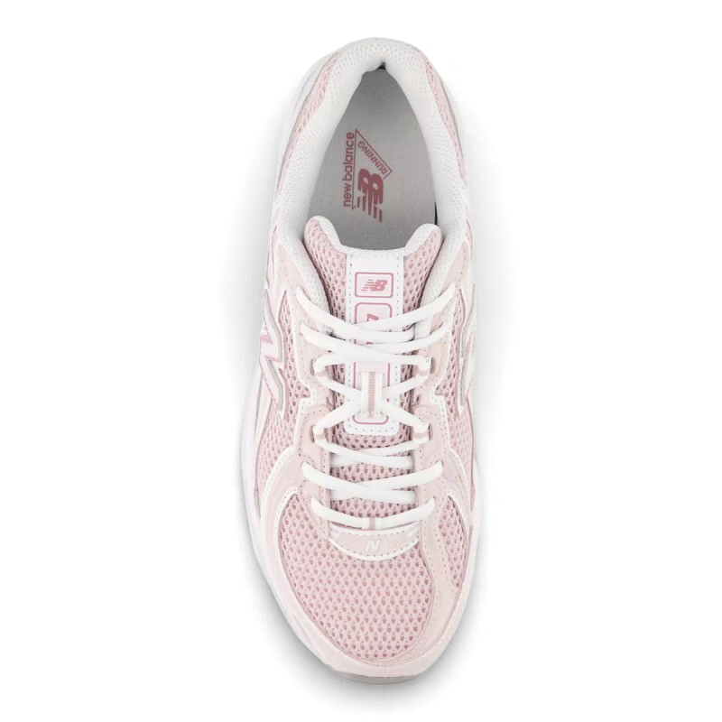 Vue de dessus des baskets New Balance 740 Stone Pink Rosewood chez We Have It avec empeigne en maille rose et blanche