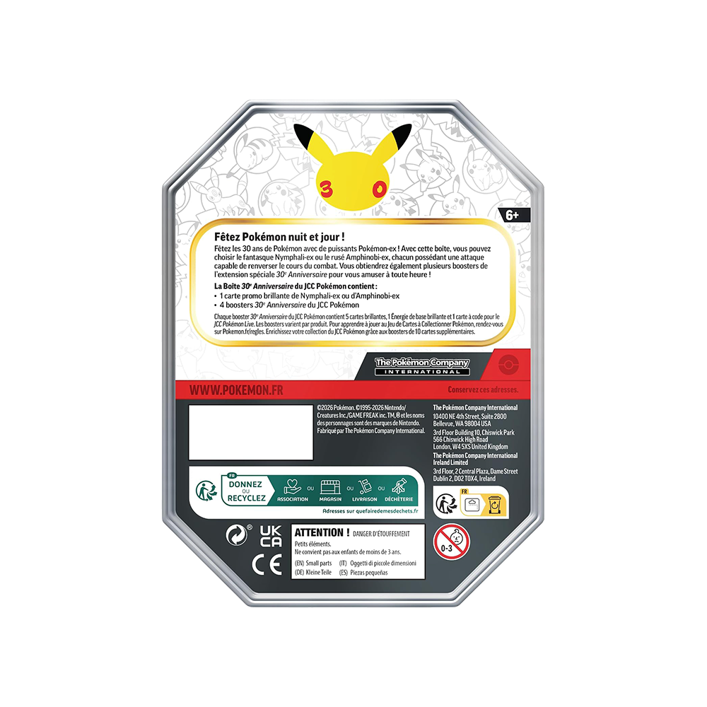 Dos de la Pokébox We Have It Pokémon Nymphali-ex 30e Anniversaire avec informations et logo Pikachu