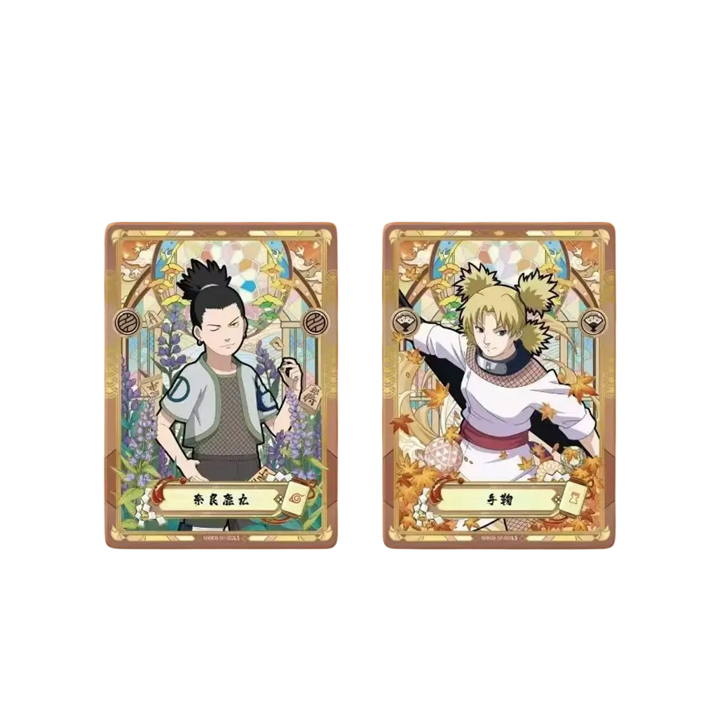 Cartes Naruto Kayou T2W8 We Have It illustrant Shikamaru et Temari avec un cadre doré ornemental et floral