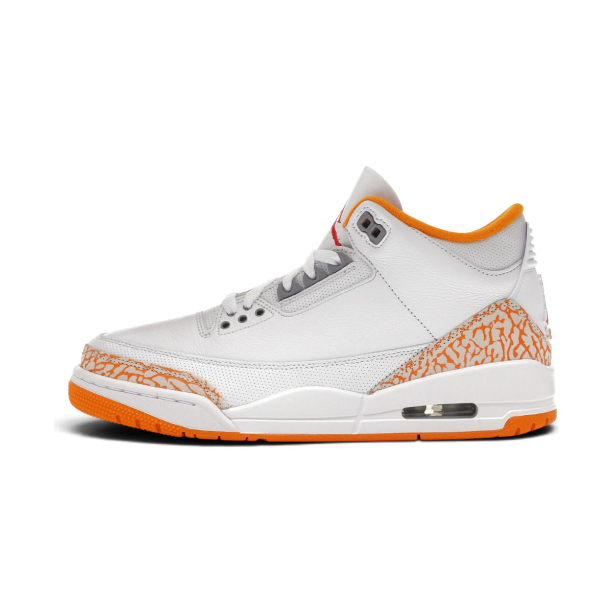We Have It Air Jordan 3 Retro Orange Citrus pour femme en cuir blanc avec détails orange et motif éléphant gris