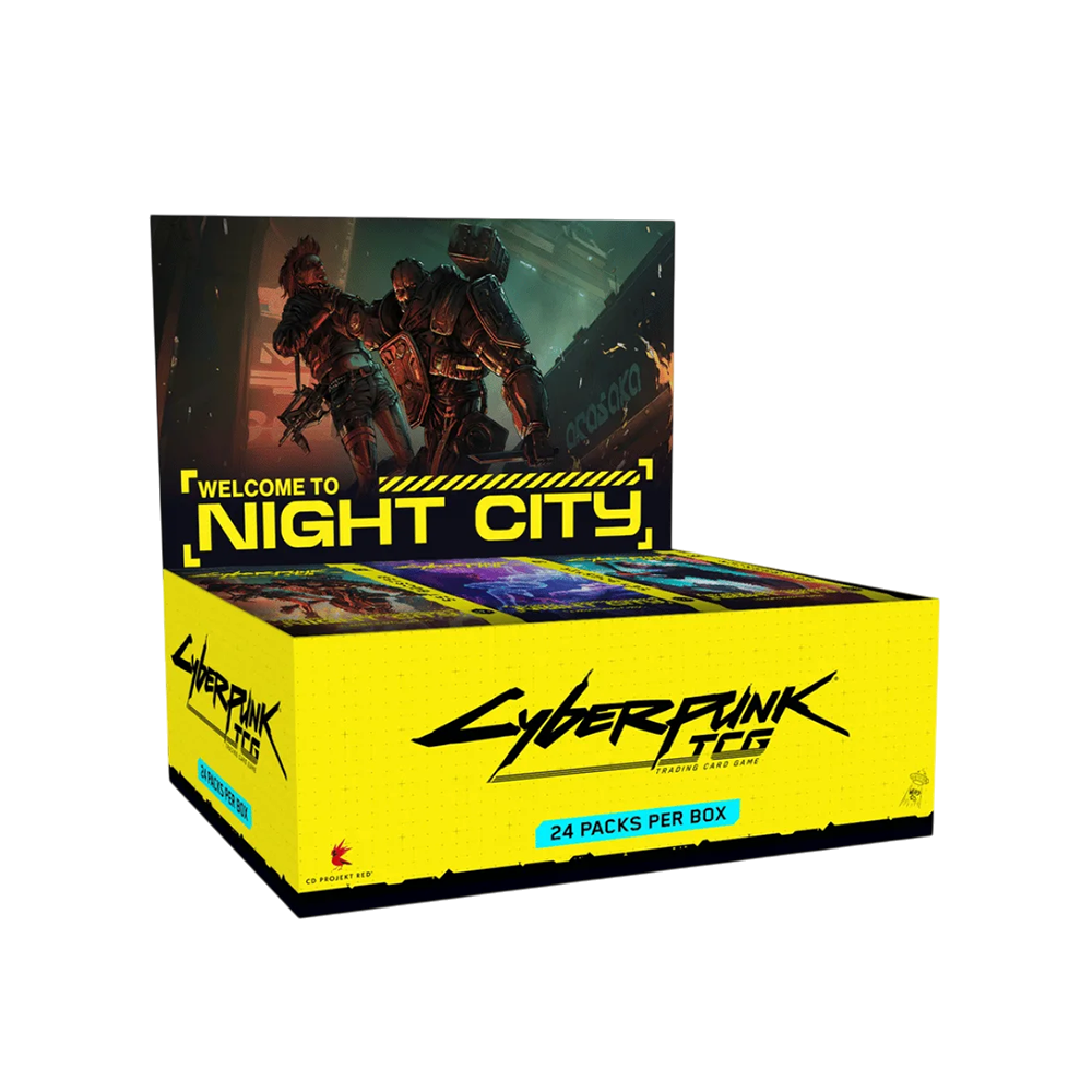 Display de 24 boosters Cyberpunk TCG Welcome to Night City par We Have It, boîte scellée jaune avec illustration