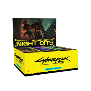 Display de 24 boosters Cyberpunk TCG Welcome to Night City par We Have It, boîte scellée jaune avec illustrations