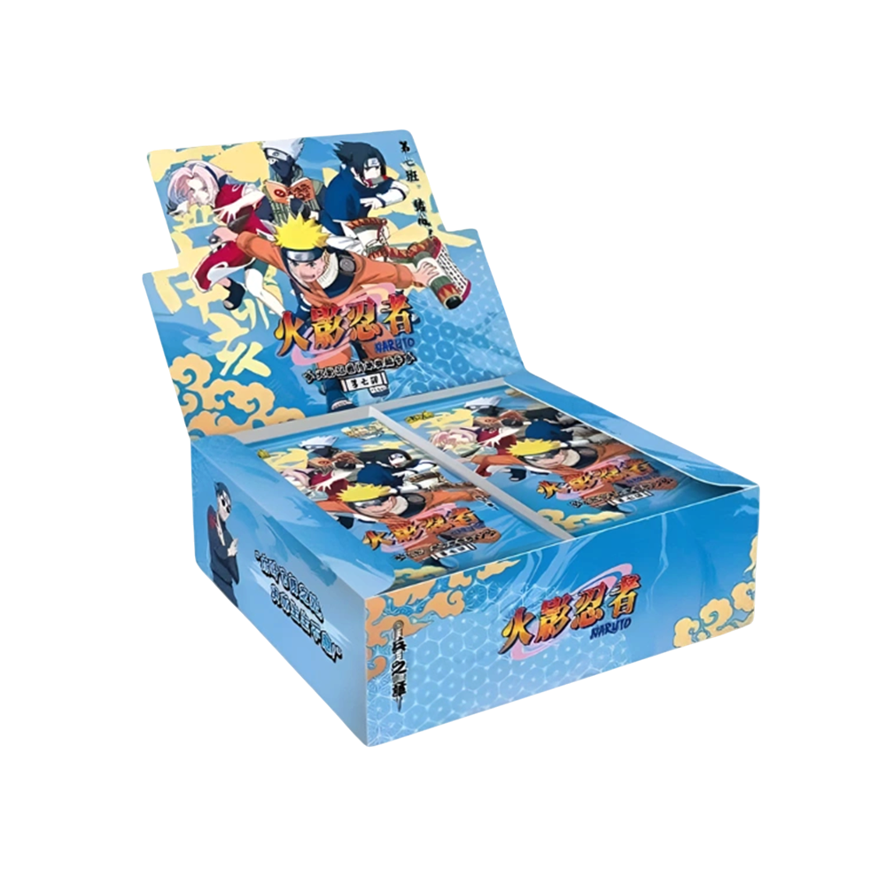 Display de 30 boosters Naruto Kayou T2W7 We Have It avec illustrations des personnages sur fond bleu