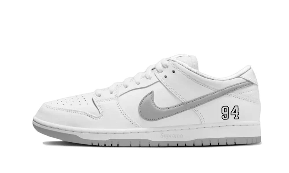 SB Dunk Low Supreme 94 White Metallic Silver