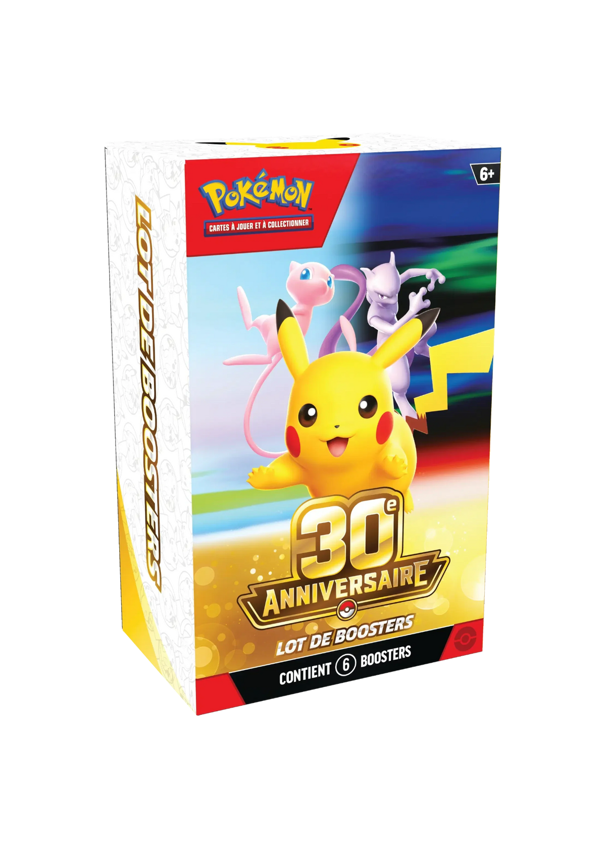 Bundle Pokémon 30 ans We Have It avec Pikachu, Mew et Mewtwo, incluant 6 boosters de cartes à collectionner scellés