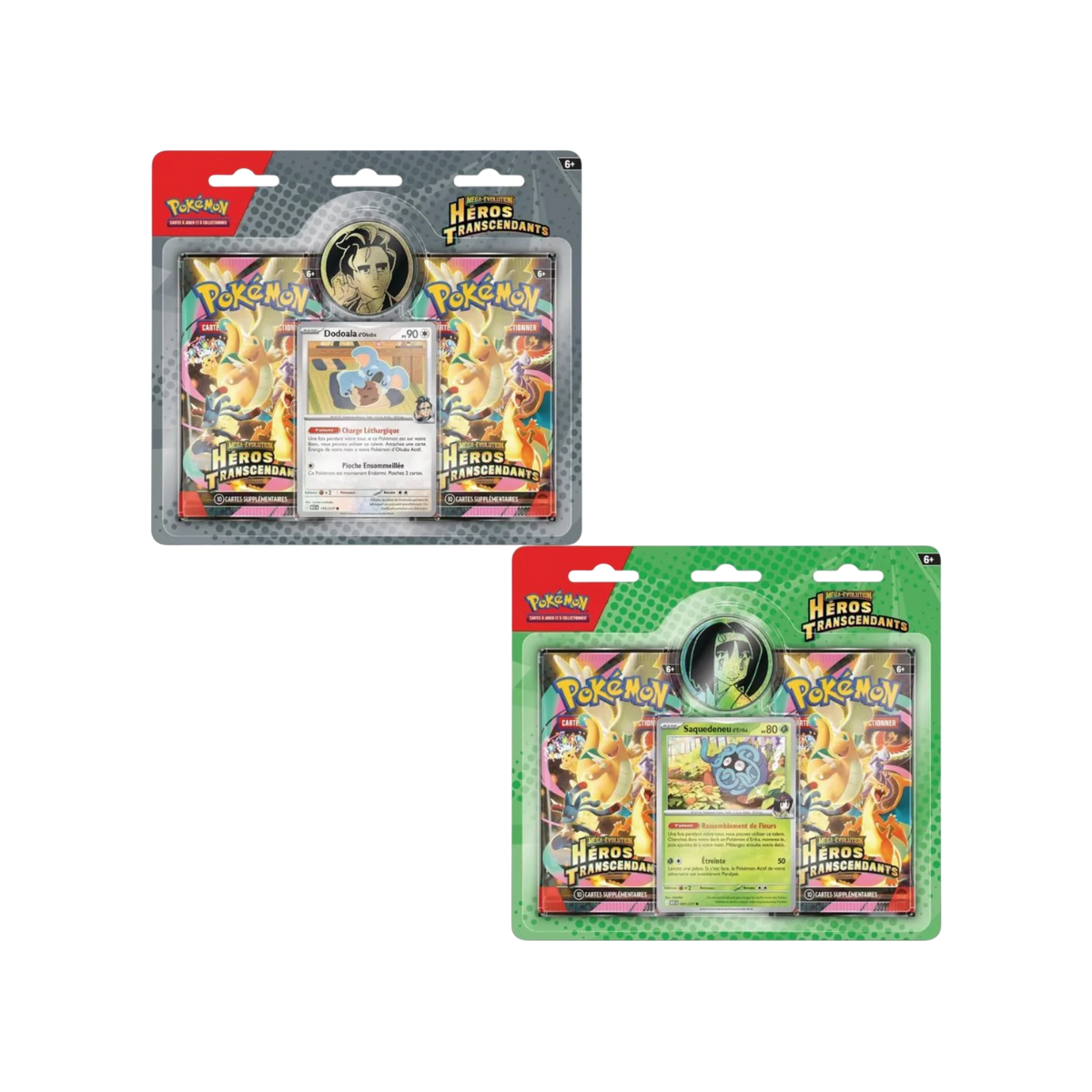 Duopacks Pokémon Héros Transcendants ME2.5 de We Have It avec boosters, carte promo brillante et pièce métallisée