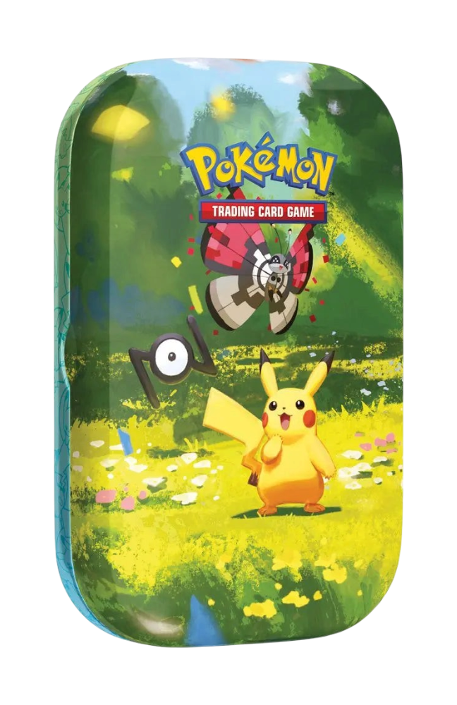Mini-Tin Pokémon 30 ans We Have It illustrée avec Pikachu et des Pokémon dans un décor forestier coloré