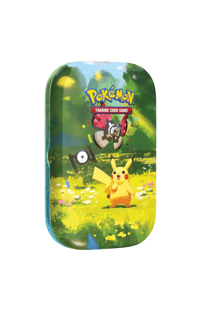 Mini-Tin Pokémon 30 ans We Have It illustrée avec Pikachu et des Pokémon dans un décor forestier coloré