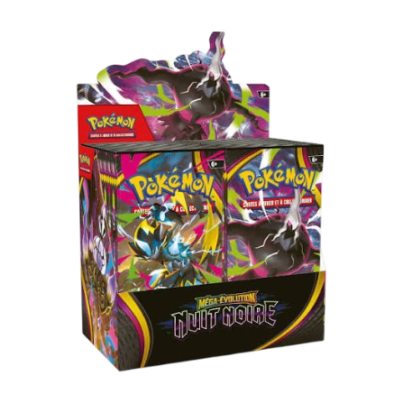 Display de boosters Pokémon ME5 Nuit Noire scellé par We Have It, idéal pour les collectionneurs de cartes rares.