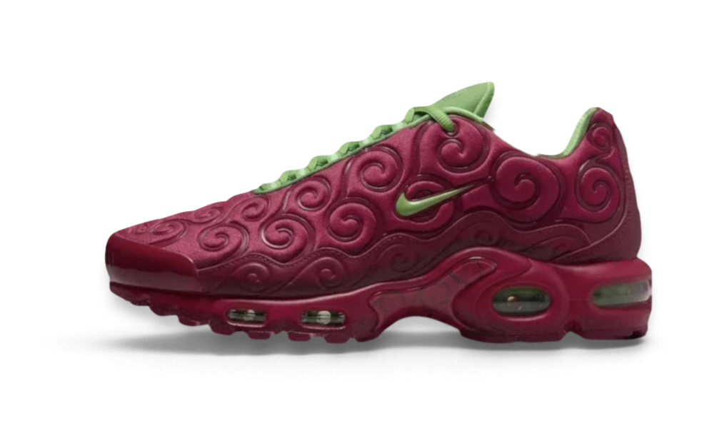 Basket Nike Air Max Plus One Piece Ope Ope We Have It en bordeaux avec motifs tourbillons et lacets vert clair