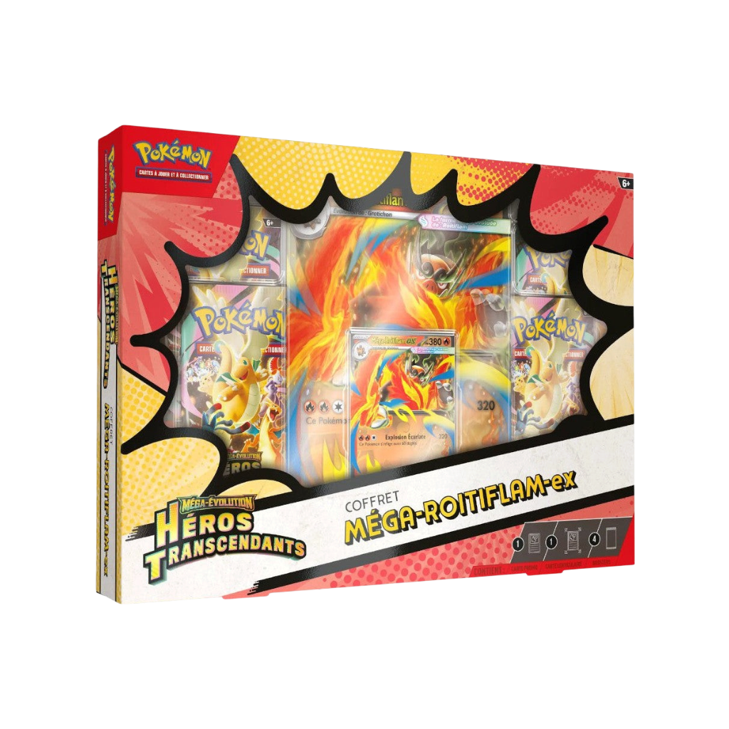 Coffret We Have It Pokémon Méga-Roitiflam-ex Héros Transcendants avec cartes et boosters sous emballage scellé