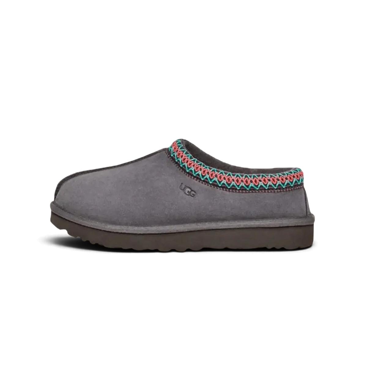 Pantoufle We Have It Tasman en daim gris foncé avec bordure tressée multicolore et semelle plateforme