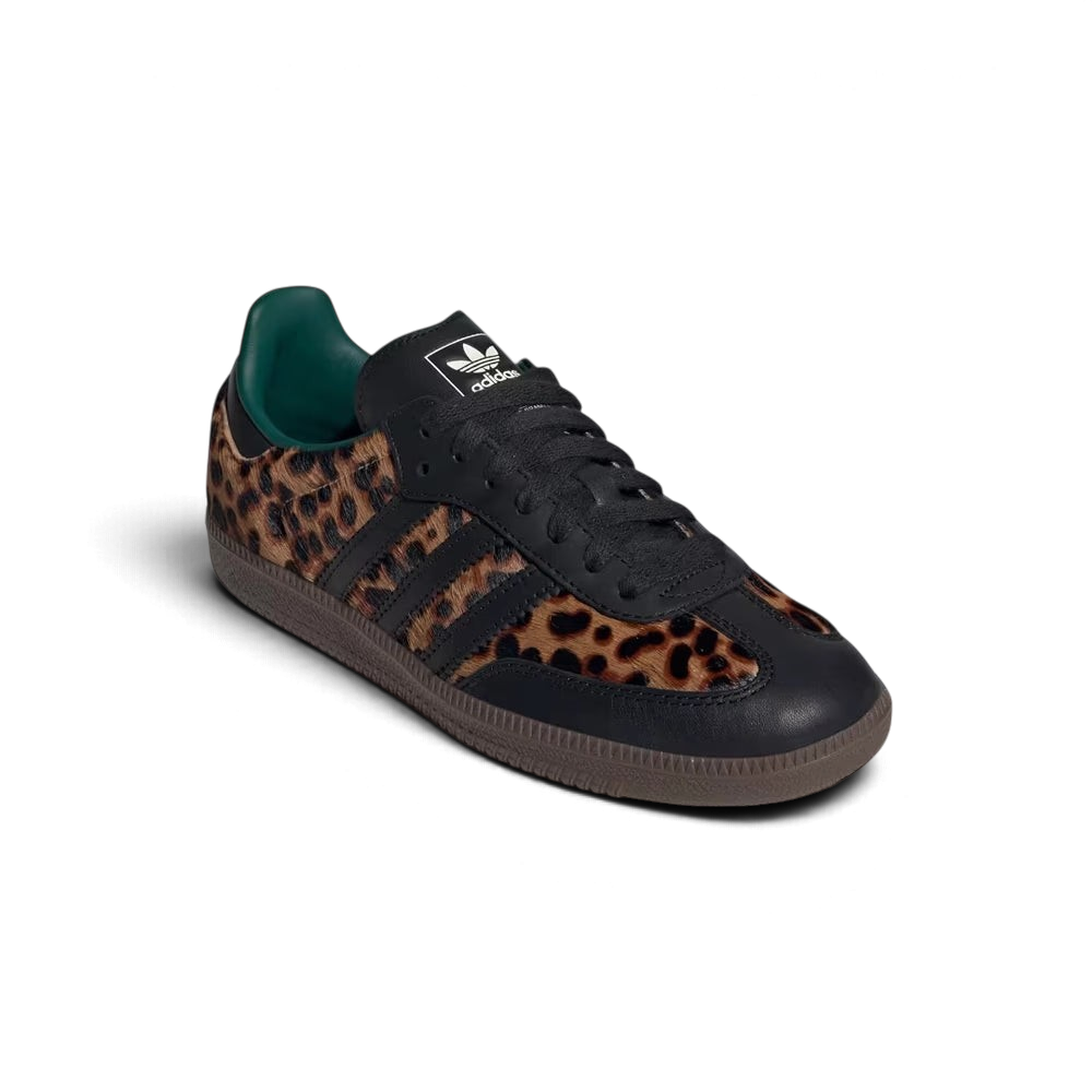 Baskets We Have It adidas Samba OG femme en cuir noir avec empiècements à motif léopard vert et semelle gomme