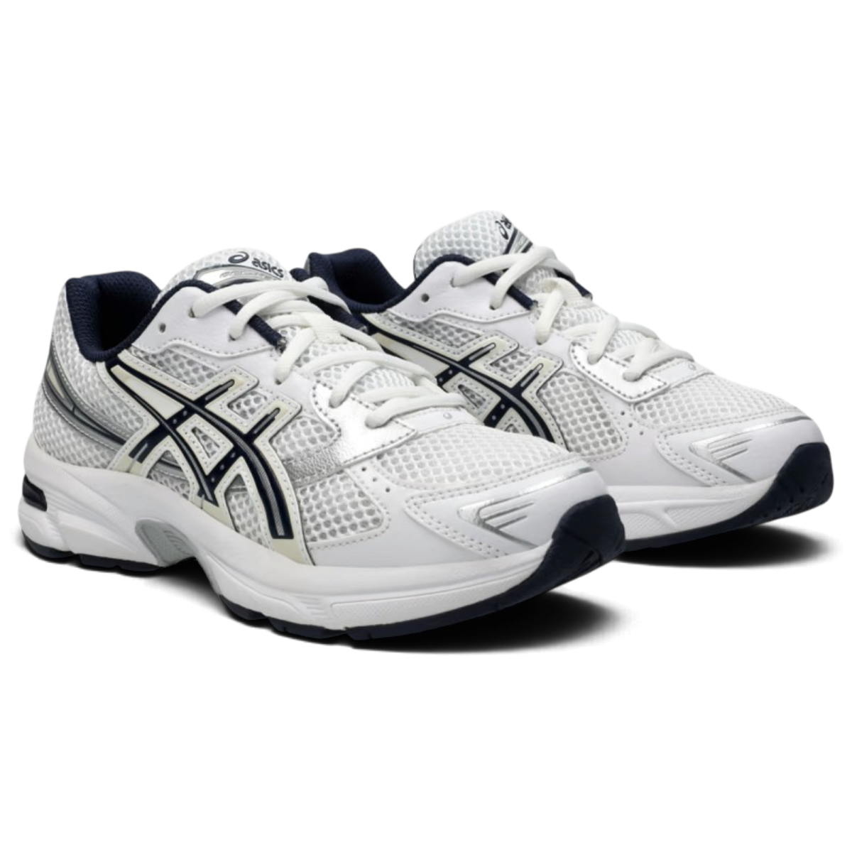Baskets We Have It ASICS Gel-1130 GS blanches et bleu nuit en mesh respirant avec détails argentés