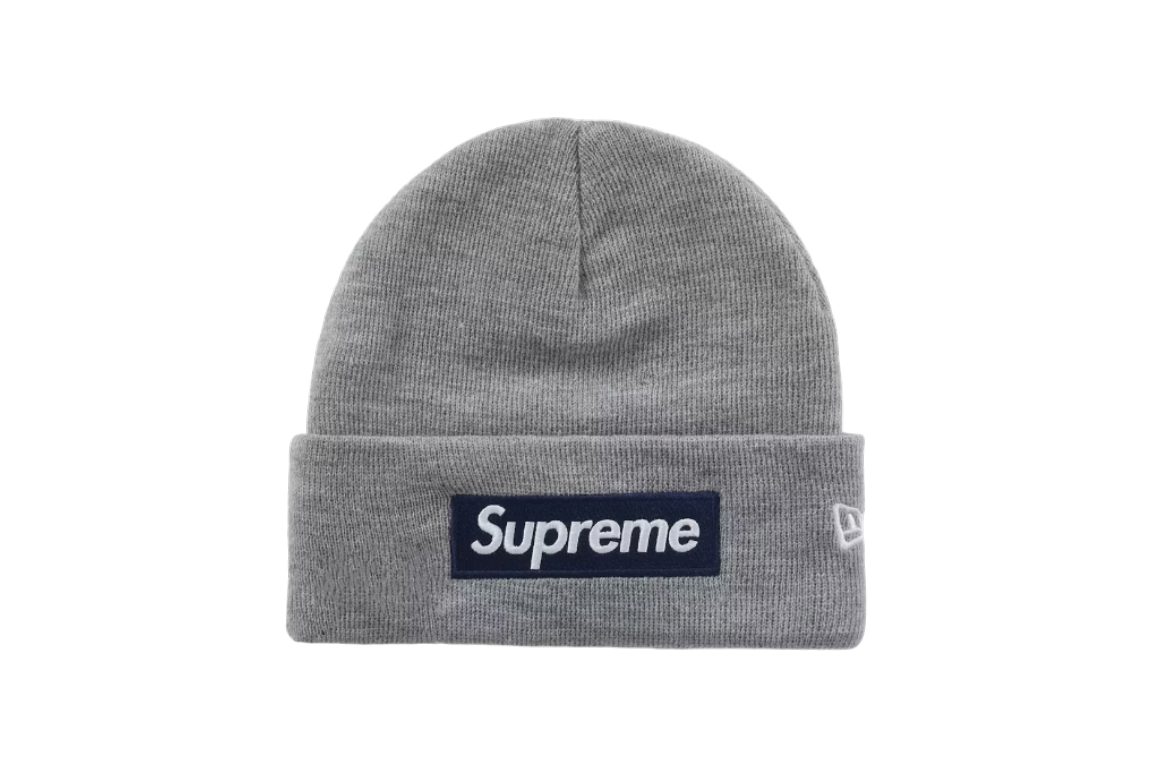 Bonnet We Have It Supreme x New Era Box Logo gris en maille avec logo brodé contrastant