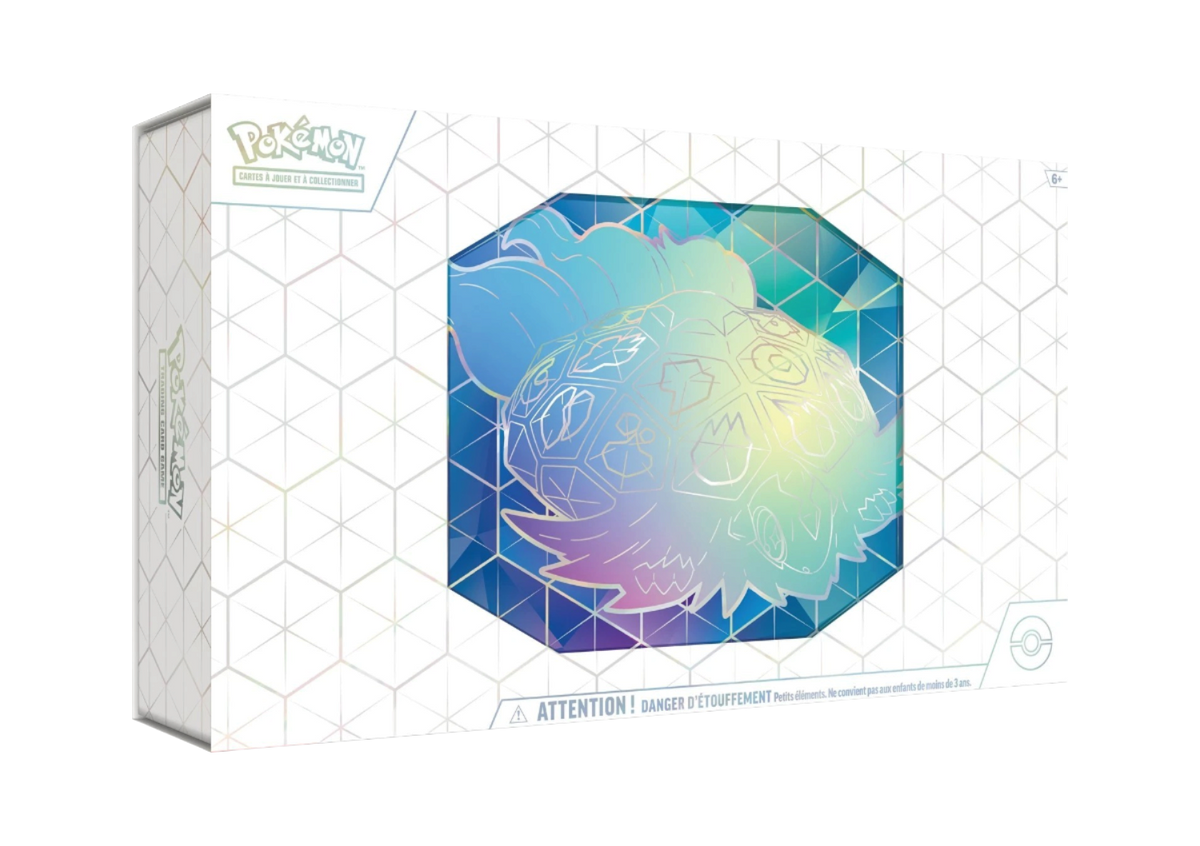 Coffret Pokémon UPC Terapagos We Have It avec illustration holographique du Pokémon sur fond blanc géométrique