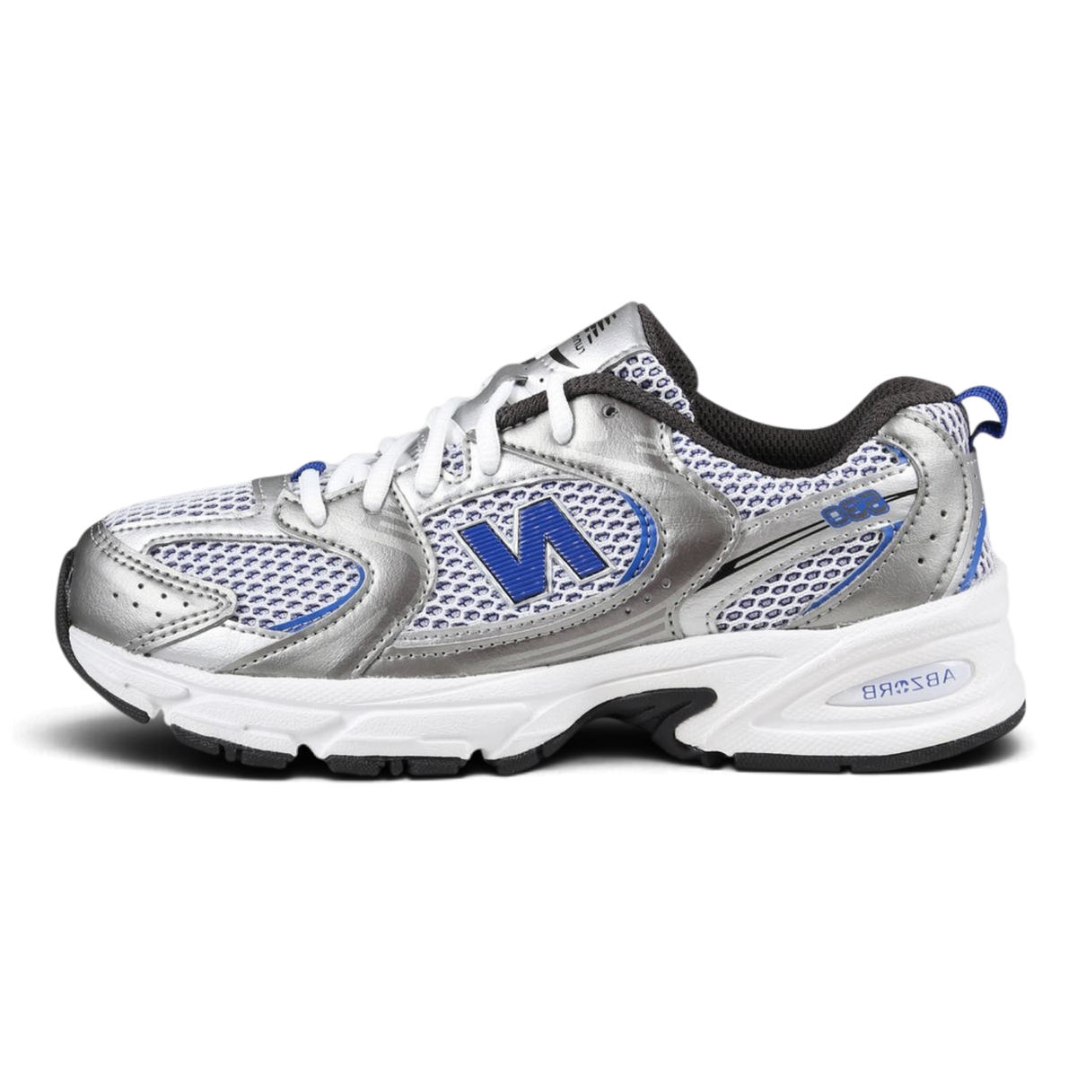 Sneakers New Balance 530 We Have It en mesh et suède argent métallisé avec détails bleu royal, vue latérale